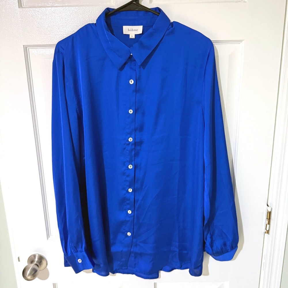 Bohme Royal Blue Satin Button Down Blouse Long Sleeve XL FT64406B